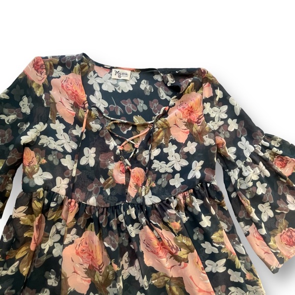 Show Me Your Mumu Poet Tie Top Hunter Green Floral Blouse Women's Size Med Boho - Picture 4 of 12